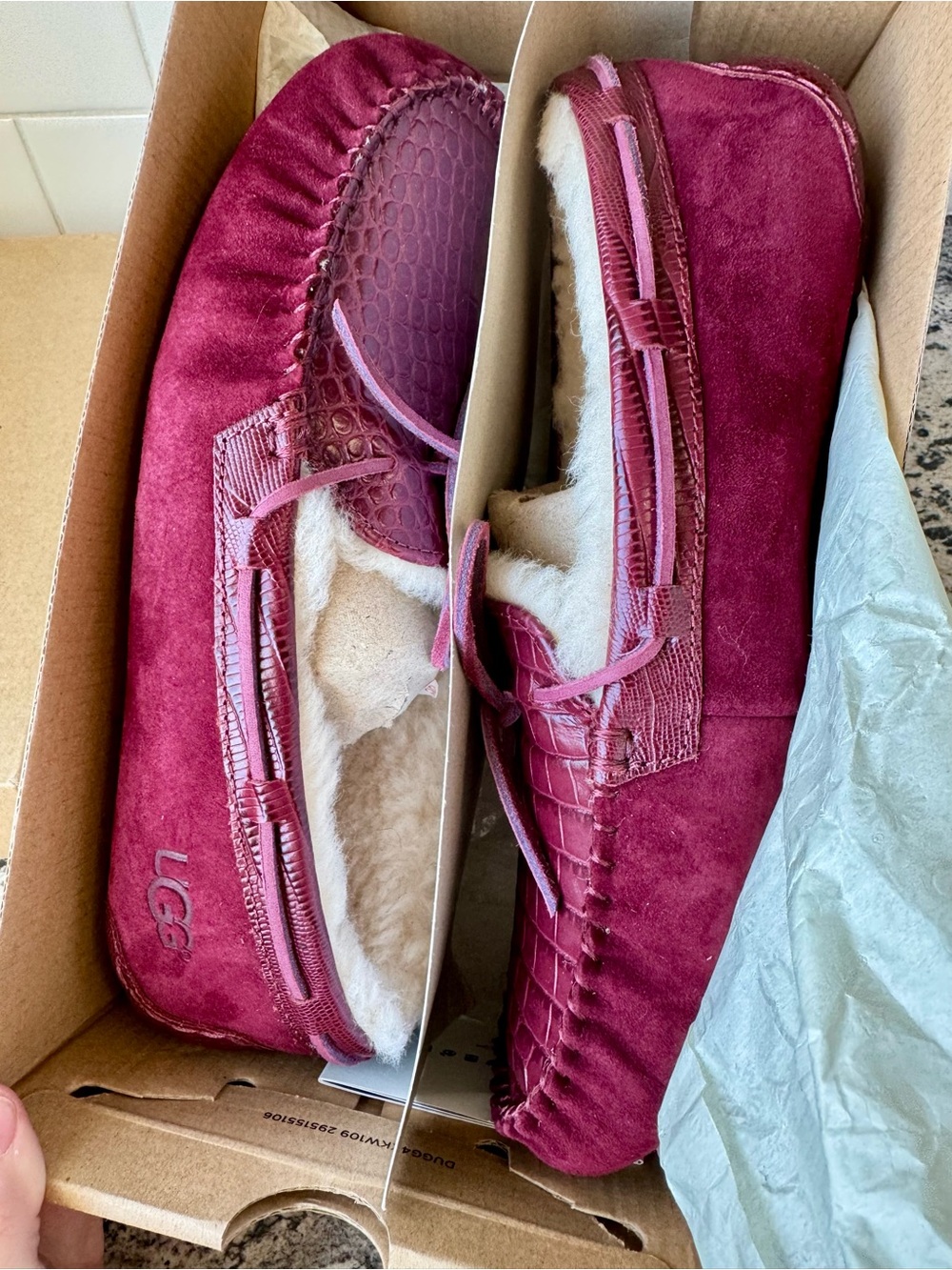 UGG Dakota Croco Burgundy Leather Slippers. New with box. Women’s 9.